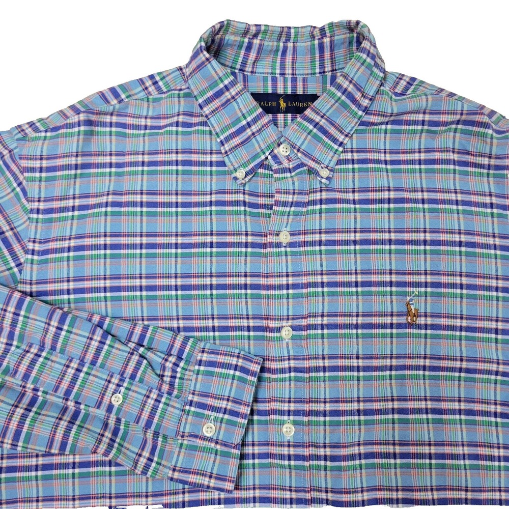 Ralph Lauren Blue Label Mens XL Green Orange Blue Plaid‎ Flesh Pony Button Down